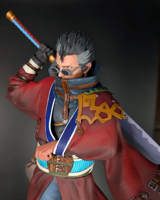 Auron from FF X, hand-painted, close-up of the face and coat, real photo
